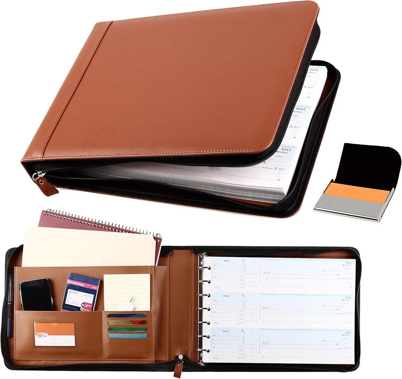2Fold Zippered Business Checkbook Binder - 7 Ring Binder for Business Checks with Built-in Organizer and Card Case - PU Leather Portfolio for up to 600 3-Up Checks (Light Brown) - Image 1